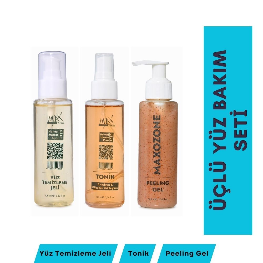 MaxOzone Üçlü Yüz Bakım Seti - Peeling Gel, Tonik, Yüz Temizleme Jeli